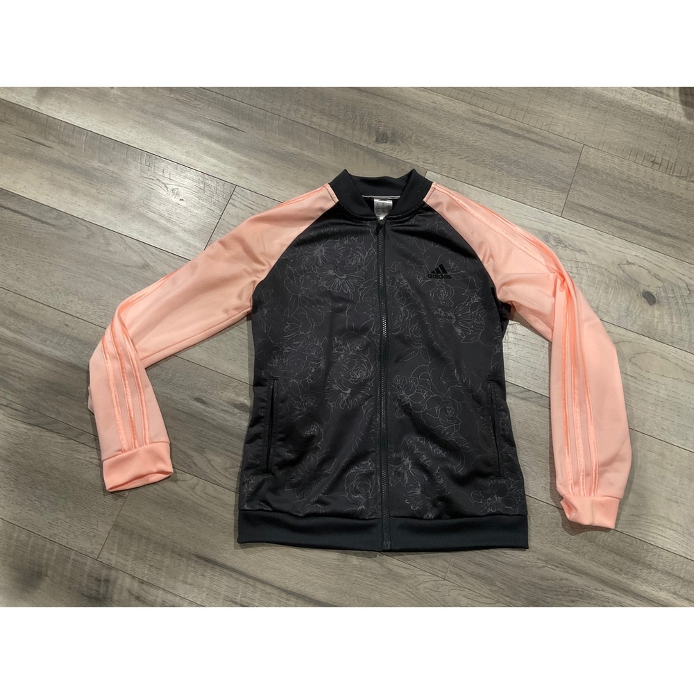 Adidas Womens Floral Track Jacket Black Peach Pink Full Zip Stripes Medium‎